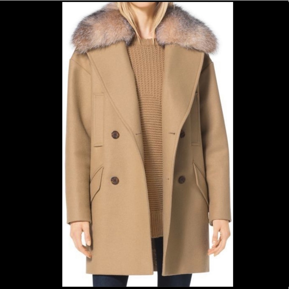 Micheal Kors Fur trimmed wool melton coat